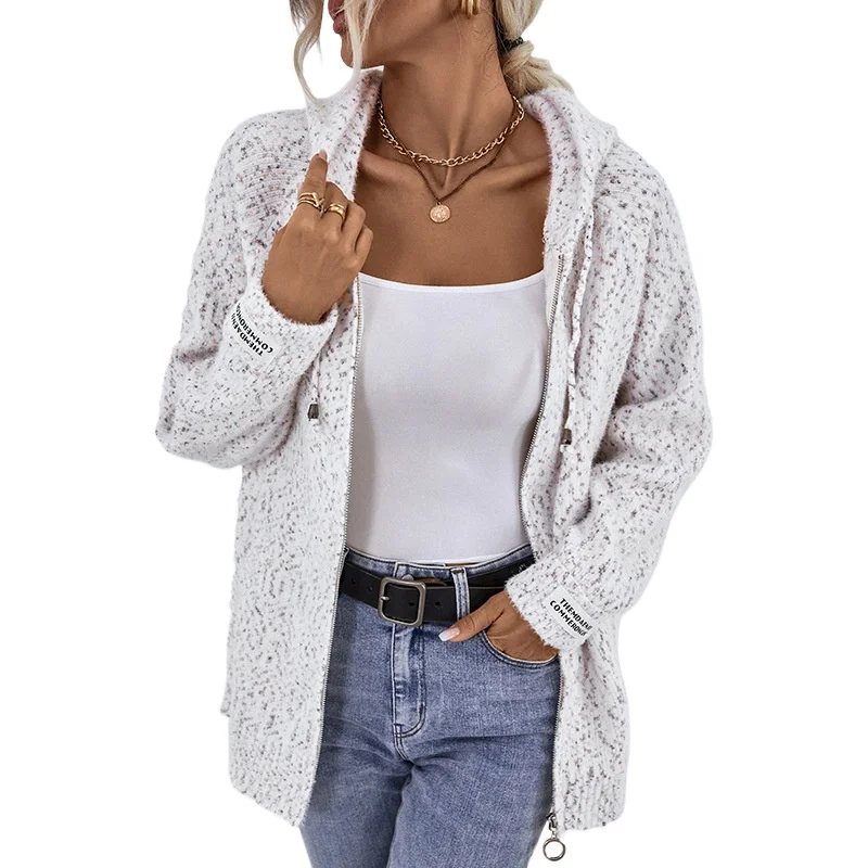 Hooded drawstring women's zipper knitted sweater 2023 autumn and winter new European and American sweater cardigan jacket
