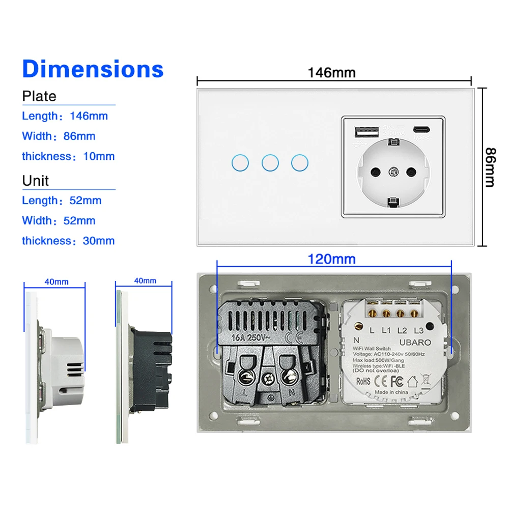 UBARO-Panel de vidrio templado para pared, Interruptor táctil y toma de corriente eléctrica de 146 V, 16A, botón con Sensor de lámpara, 250V, 220x86mm