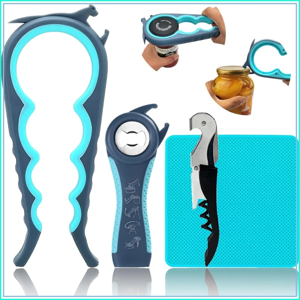 5-in-1 Jar Opener for Weak Hands & Arthritis - Non-Slip Rubber Gripper, Wine Opener (Blue/Grey)