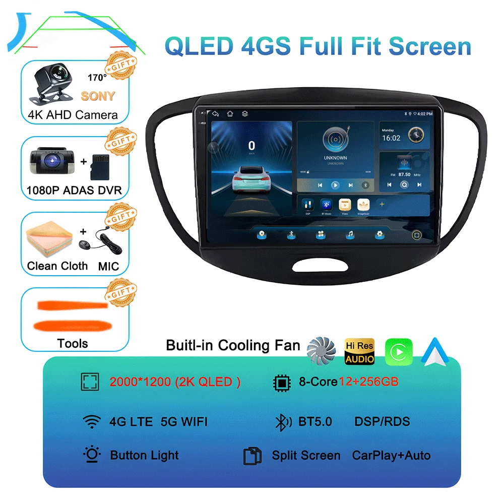 Android 16 Carplay Auto autoradio voor Hyundai I10 2007 - 2013 CarPlay Auto GPS Recorder Multimedia videospeler 4G+WiFi DSP