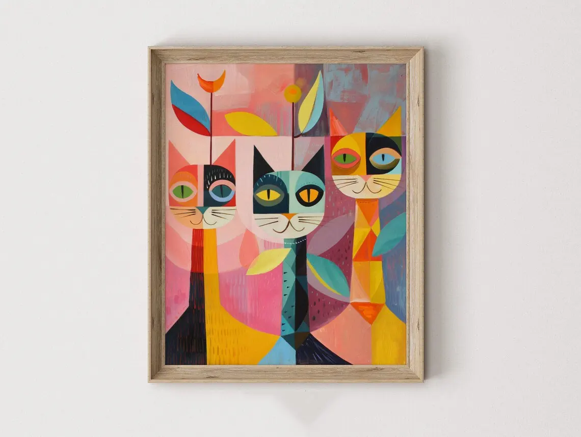 

Настенный художественный принт «Трикошка» в стиле кубистского искусства середины века – яркая абстрактная картина с кошками в пастельных тонах и рамой из натурального дерева