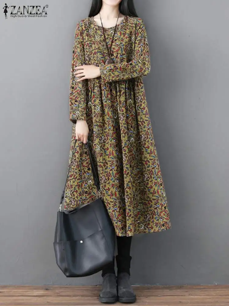 Vintage Sundress ZANZEA Women Autumn Long Sleeve Floral Printed Mid-calf Dress Retro Casual Loose Vestidos Kaftan Robe Femme