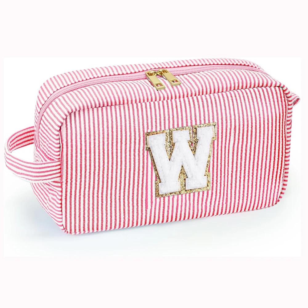 Cute Initial Waterproof  Pink Women Girls Travel Cosmetic Toiletry Bag Makeup Pouch with Chenille Letter Patch