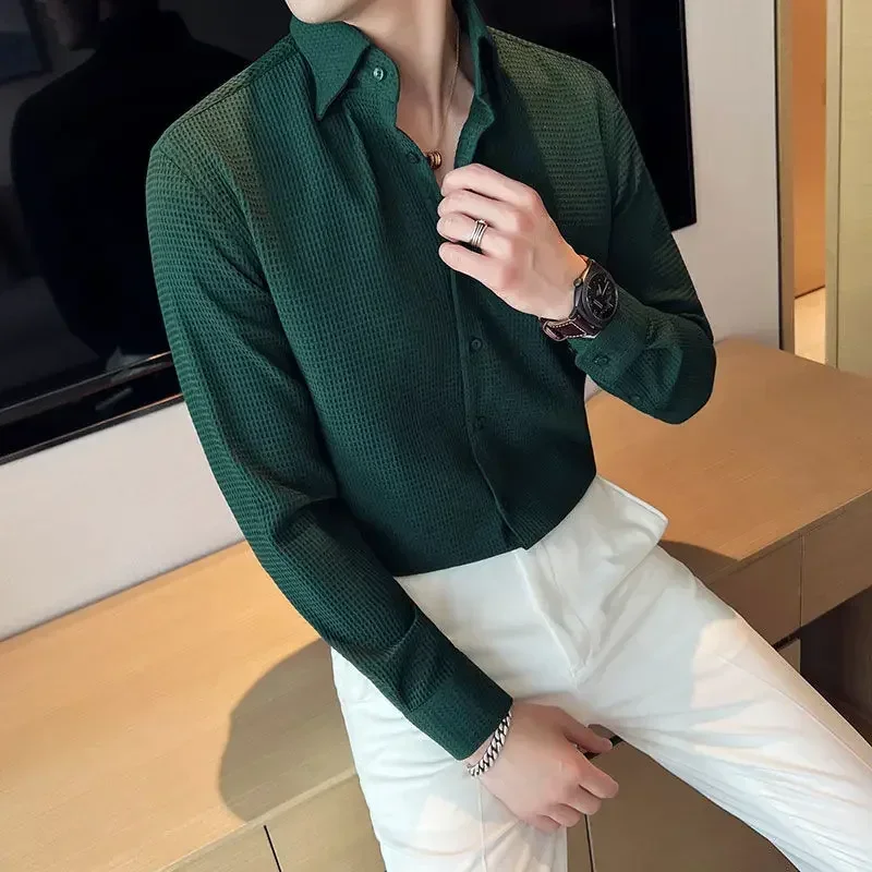 Male Shirts Green Plain Men\'s Shirt Business Waffle Designer Fashion 2024 Hipster Regular Elegant Slim Fit Cheap Brand Social I