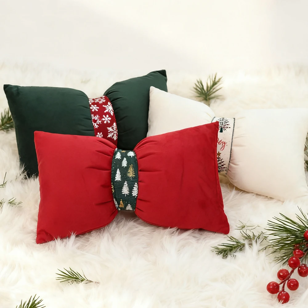 BUYNOW Solid Color Dutch Velvet Tie Bow Pillowcase White Red Green Christmas-themed Livingroom Sofa Cushion Covers Home Decor