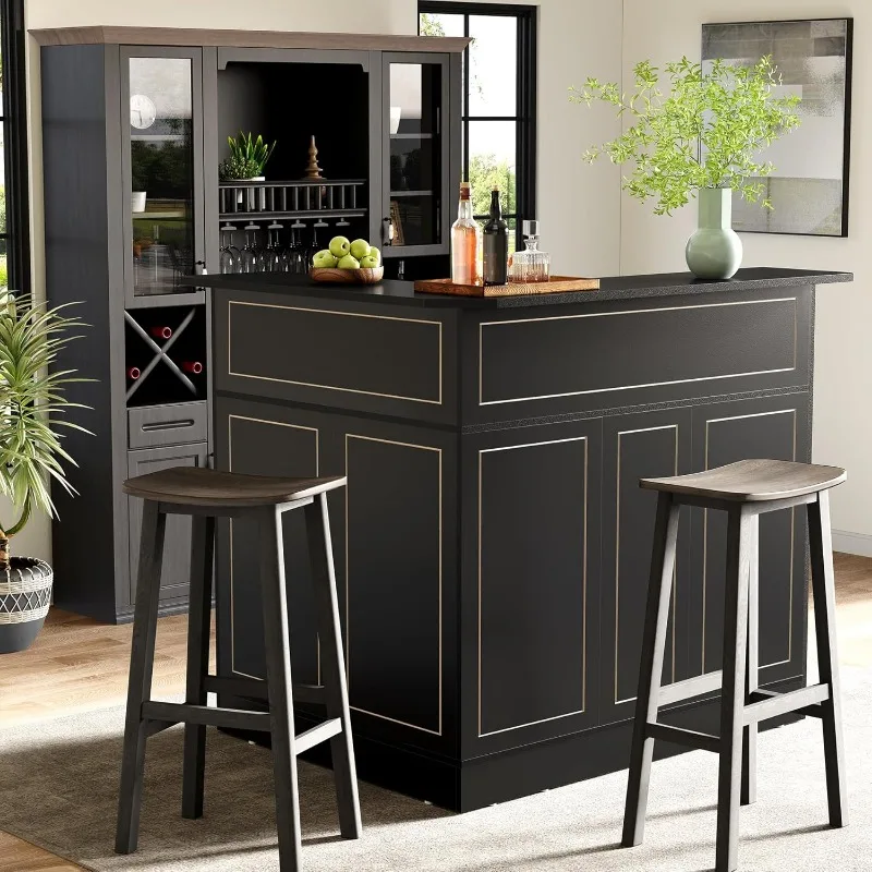 Black Bar Cabinet, 4-Tier Home Mini Bar Cabinet with Stemware Rack