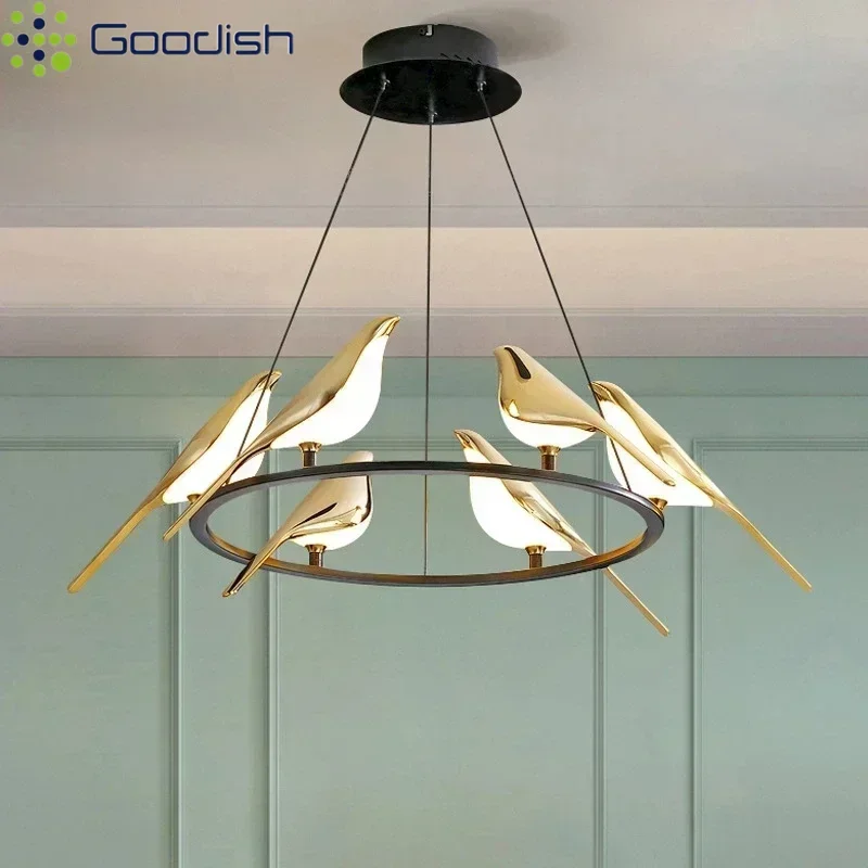 Modern Luxury Nordic Golden Circular Bird Ring LED Pendant Lights Art Creative Lamps for Living Room Home Decoration Chandelier