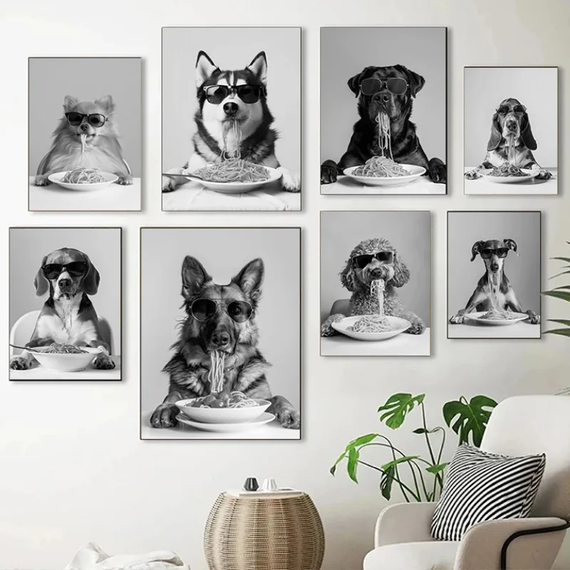 Funny Black and White Dog Eating Pasta Poster Beagle Siberian Husky English Bulldog German Shepherd Canvas Picture Home Decor