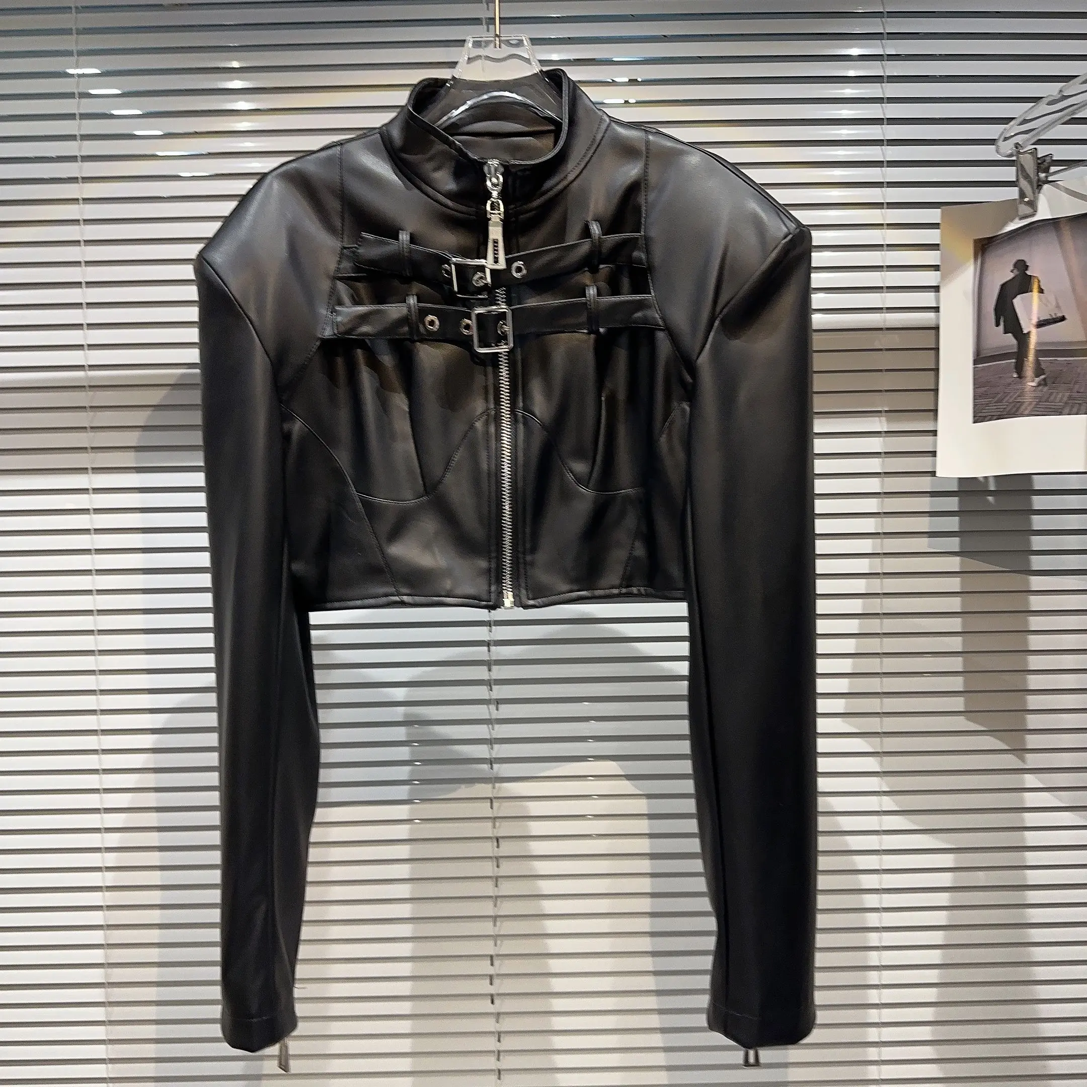 فاسق Sle Waed الجلود Jaet وسادة الكتف مربوط زر الساخن فتاة الشارع الشهير ort معطف سستة إغلاق طويل Sve المرأة... #1