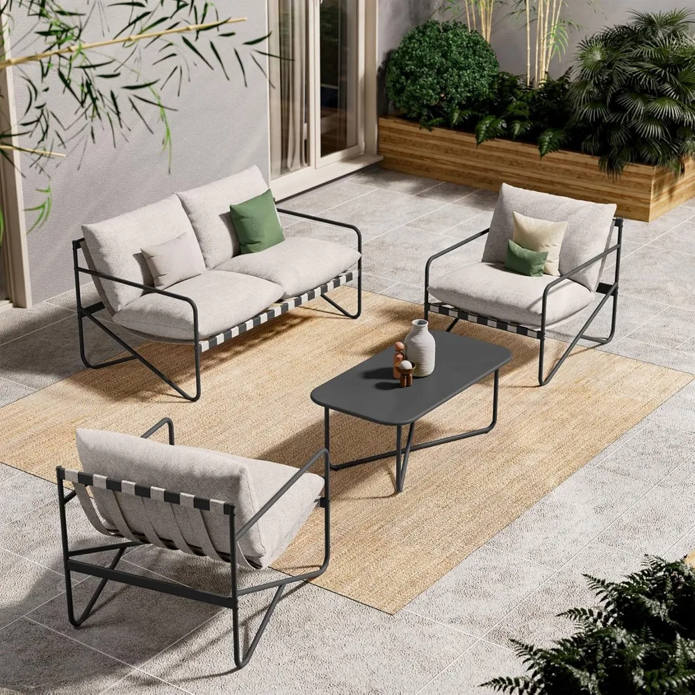 4-Piece Patio Furniture Set, Outdoor Patio Sofa Set with Cushion, Modern Metal Couch Loveseat Chairs Coffee Table