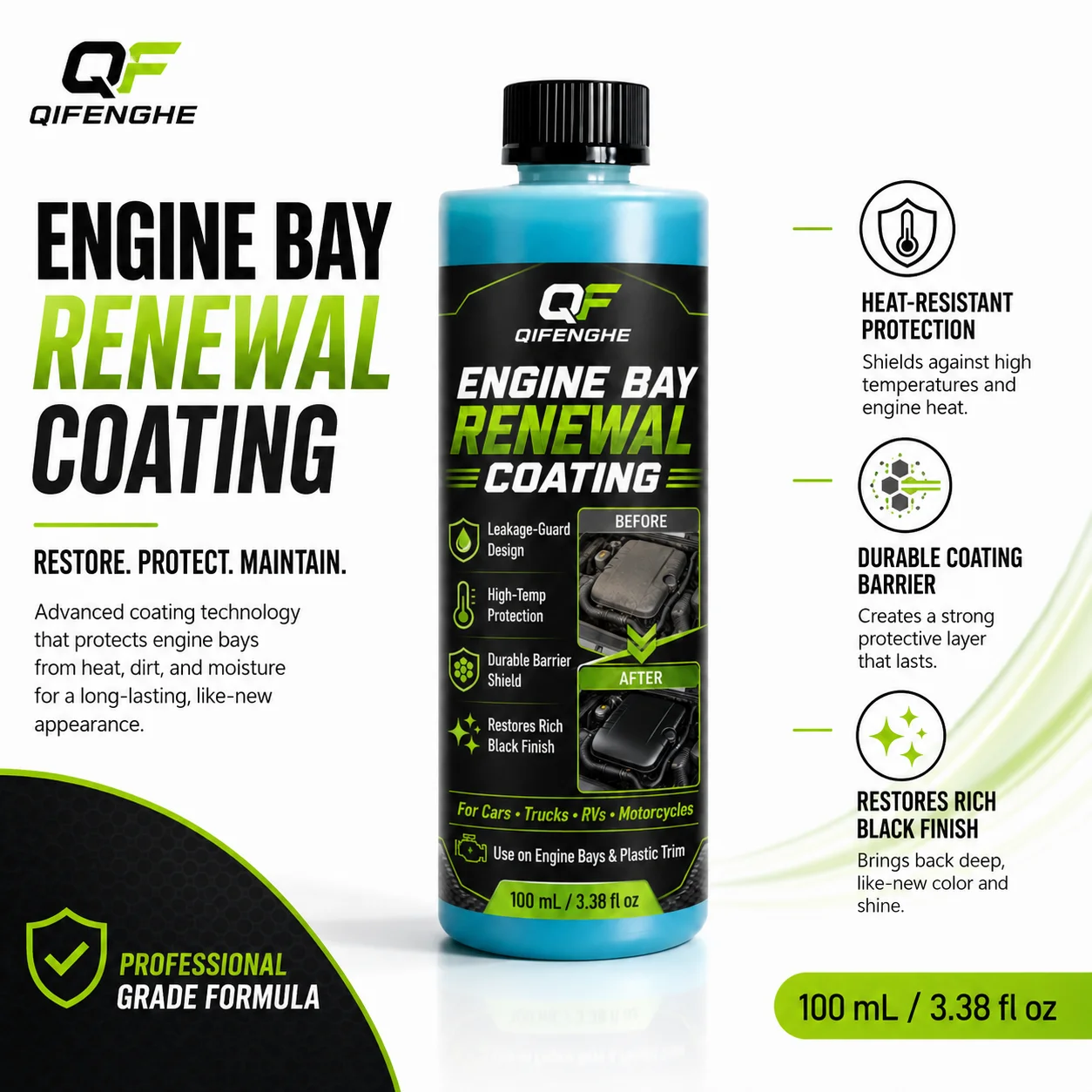 Car Engine Bay Restorer Spray, Heat Resistant Anti-Leakage Coating, Long-Lasting Gloss Black Finish for Plastic & Rubber, 100ml