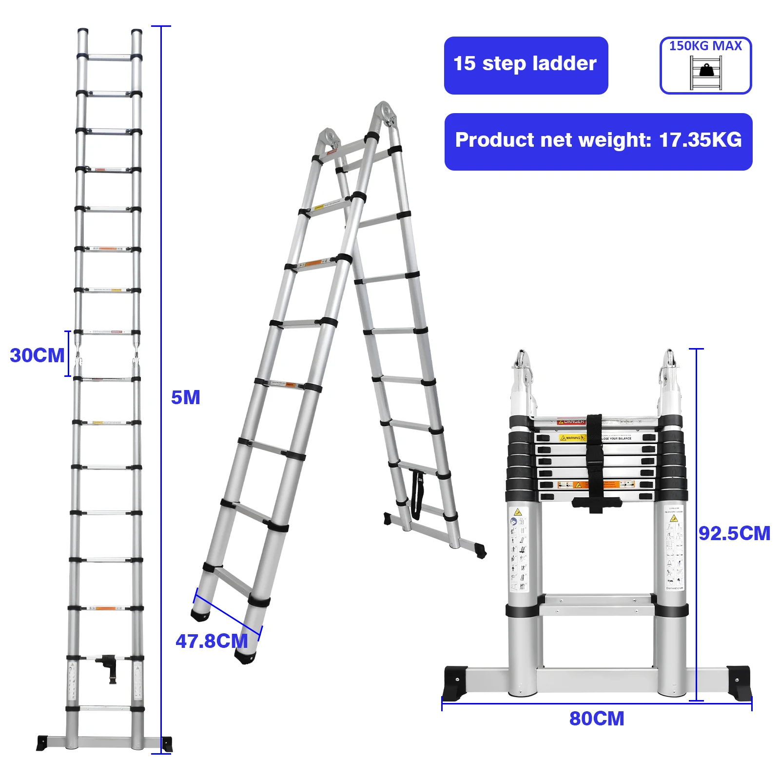 Aluminiumleiter Teleskopleiter Hochleistung 2,6M/3,2M/3,8M/4,4M/5M, A-Form 1,9M/2,5M, 6,2M mit Haken – Detail 12
