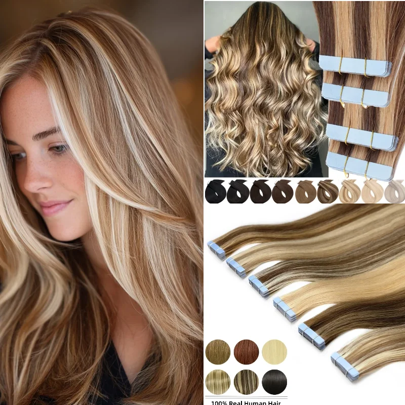 Human Remy Hair Tape In Extensions 20pcs 20inch 40g #1B P27-613 Hair Wig Add Volume Daily Salon Wholesale Dropship