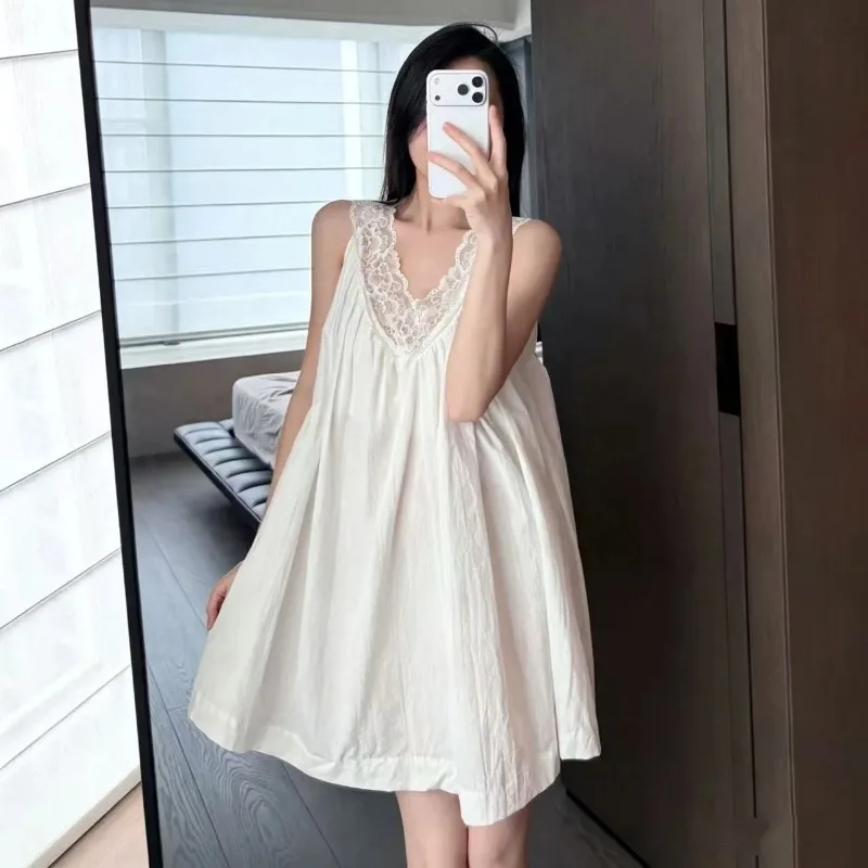 Women White Lace Trim Sleeveless Nightgown V Neck Loose Casual Summer Homewear Slip Dress