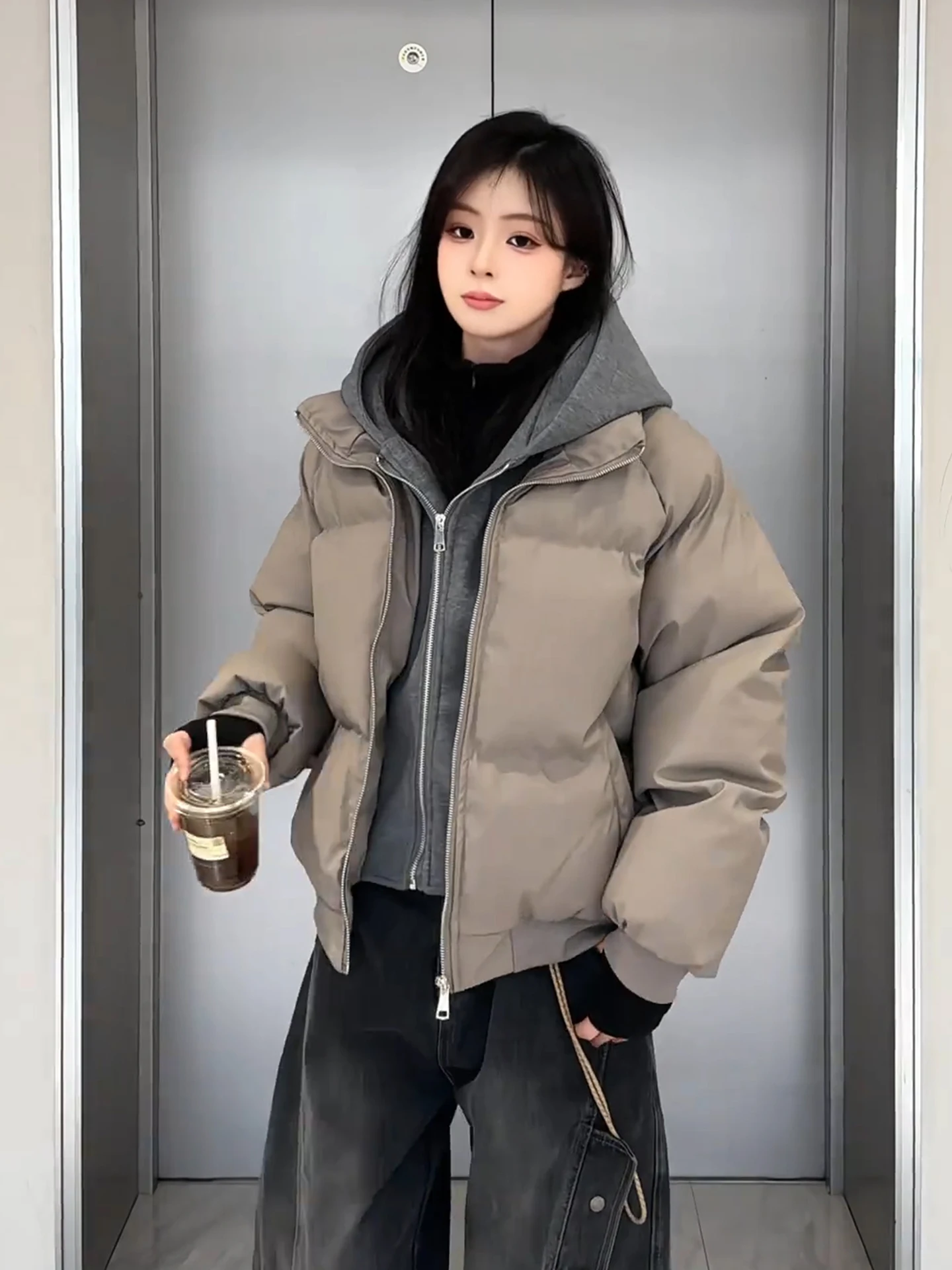 

American Sle Thiened Warmth PU Leather down Cotton Jaet Men's Winter Workwear Outerwear Splicing Couple's Bread Coat