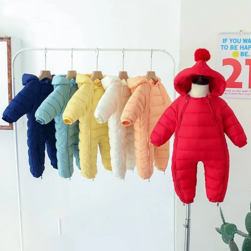 

Autumn Winter Newborn Baby Romper Hooded Plus Velvet Toddler Boy Jumpsuit Infant Snowsuit Girl Overalls Solid Outfit With Shoes