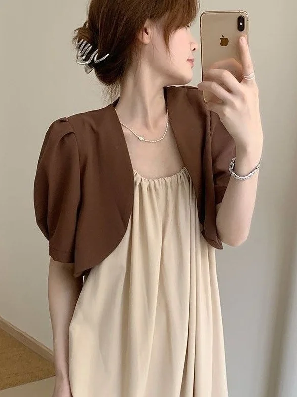 Fashionable Ultra-Short  Color Jacket Summer New Korean Style Slimming Top Shoulder Wrap Short Sleeve Artistic Standard Fit