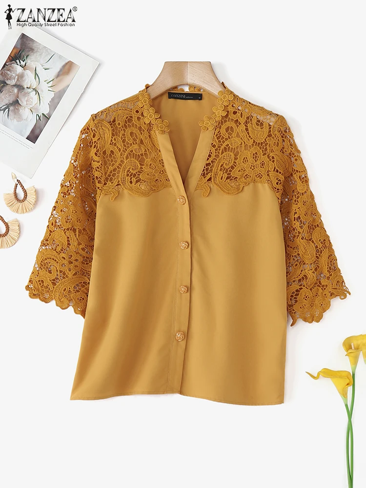 ZANZEA 2025 Mode Vrouwen Elegante Tops Herfst Patchwork Kanten Shirts V-hals 3/4 Mouw Casual Blouse Kantoor Dame Straat Blusas