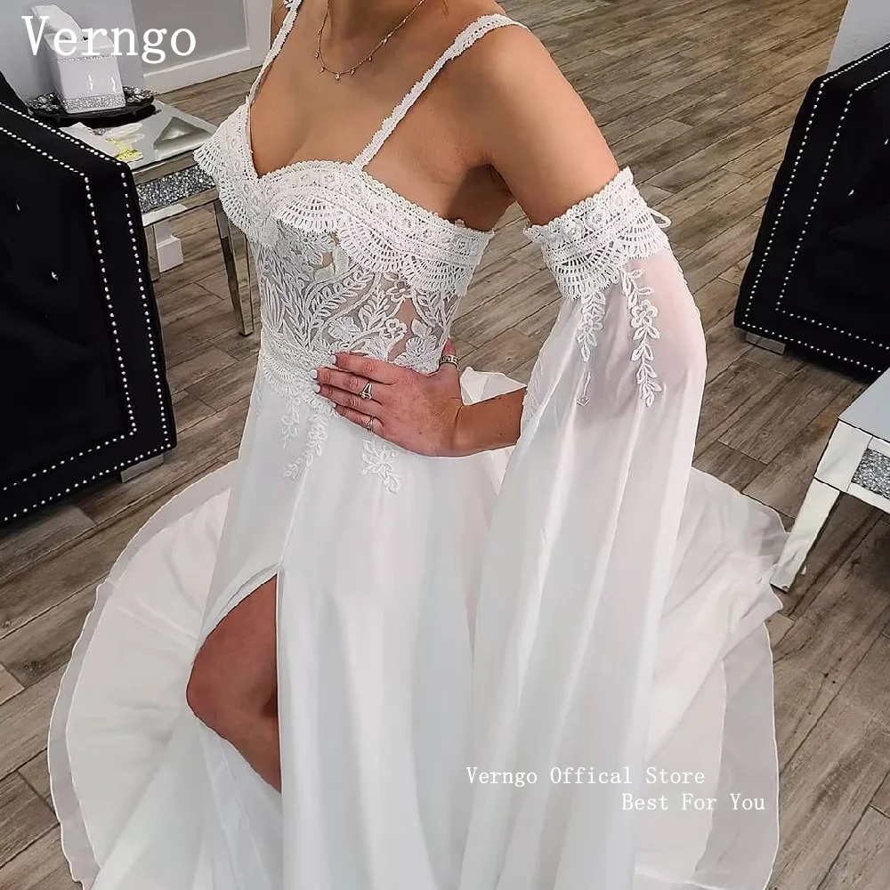Verngo lvory Chiffon A Line Boho Weddng Dress Spaghetti Straps Bridal Gowns Elegant Side Slit Bride Dresses 2027 Customized
