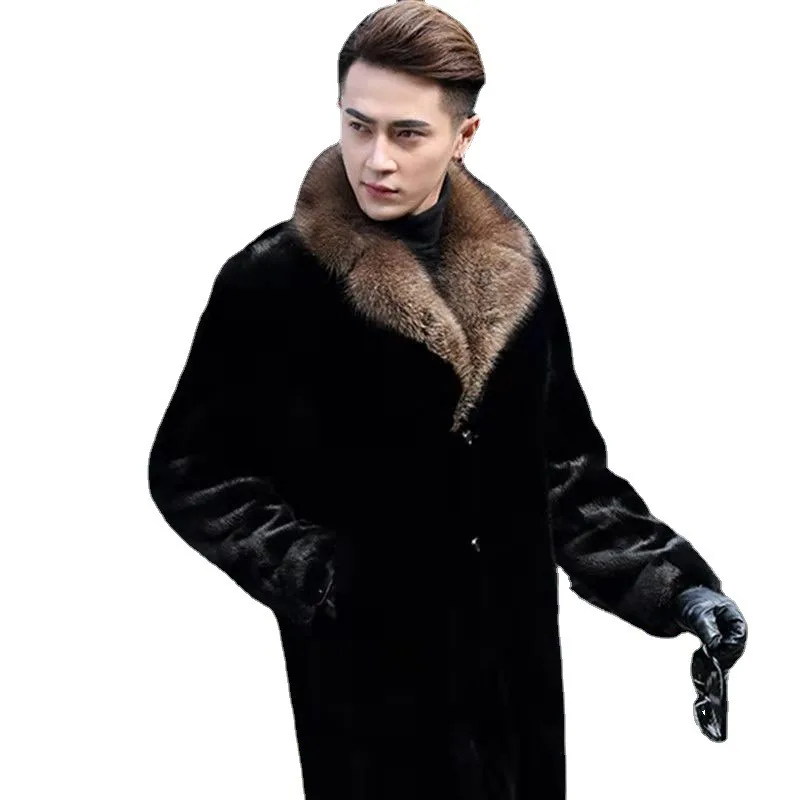 Jas Bulu Mink Kerah Jas Pria Model Longgar Oversize Jaket Bulu Tebal Hangat Bisnis Kasual Windbreaker