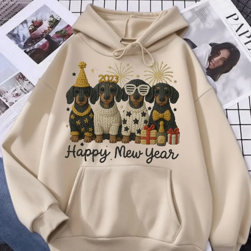 الكروشيه طباعة سنة جديدة سعيدة الكلب الألماني المرأة هوديي لطيف الجراء السنة الجديدة عطلة الحيوانات الأليفة Sweatshitr الكلب عاشق البلوز تصميم #1