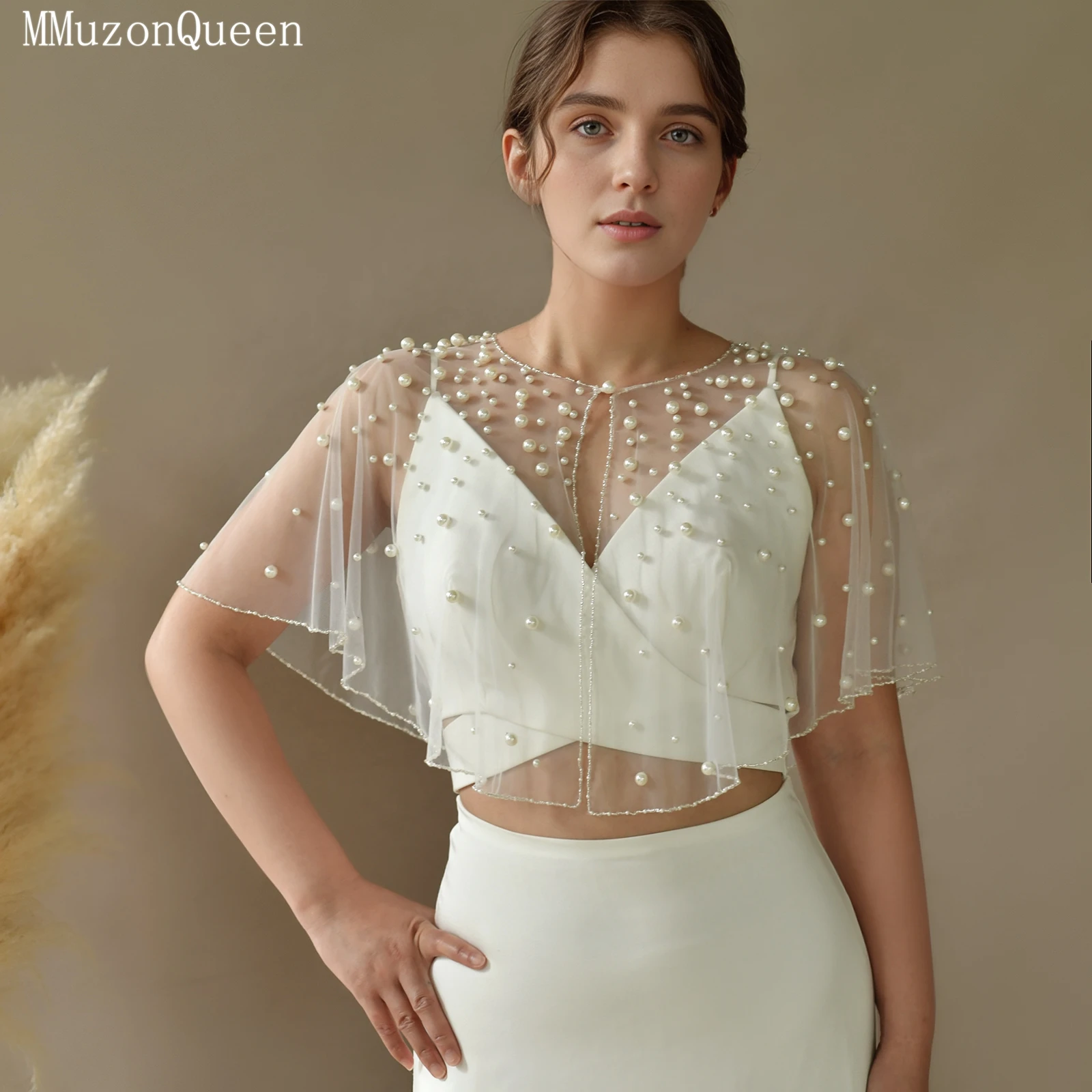 

TOPQUEEN VG31 Элегантное болеро для платья, универсальный размер, прозрачный кардиган с жемчугом, накидка для свадебного платья, аксессуар для свадебного образа