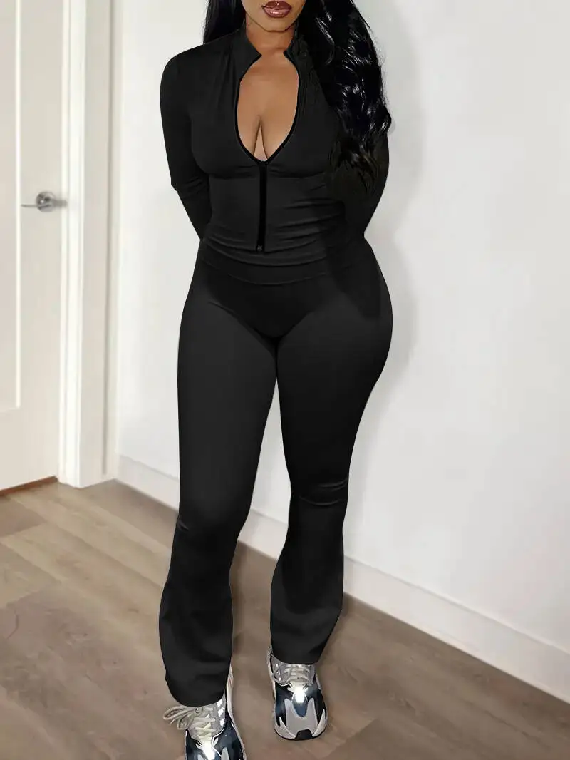 

Minimalist high-end solid-colored slim stand-collar zip-up long-sleeve top, high-waisted stretch flared pants, elastic fitted ve