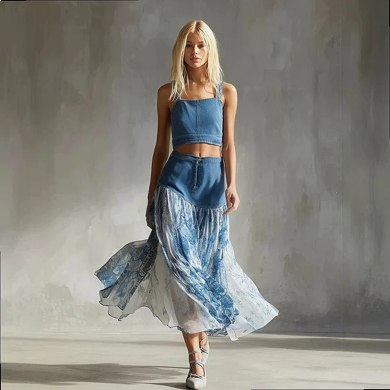 Retro Vacation Style Blue Denim Patchwork Print Chiffon Midi Dress Dresses Spring Summer