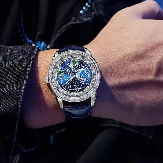 HANBORO Men Automatic Watch Luxury 41.5mm Mechanical Wristwatch Waterproof Luminous Rotatable Starlit Sky Dial Miyota 8217