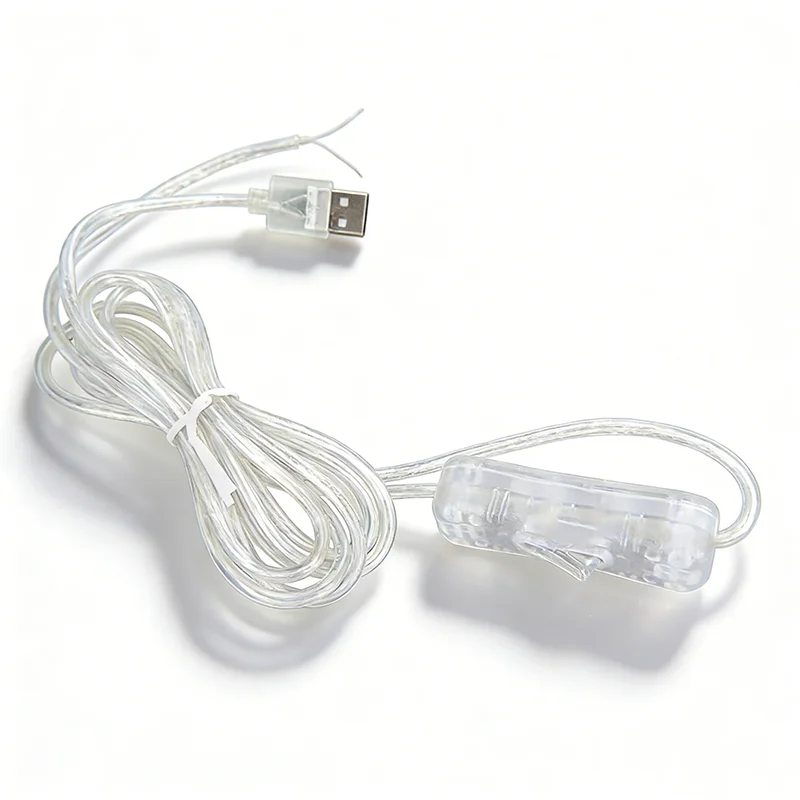 DC 5-12V USB Cable 2M 22AWG Transparent Power Supply Male Switch Button Connector Extension Cord .C5