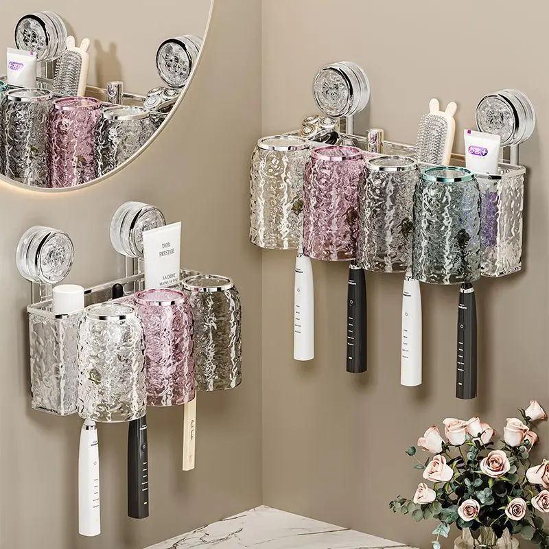 

Luxury Suction Cup Toothbrush Cup Bathroom Organizer Wall Mounted No Drilling Dustproof Holder Bathroom Tumblers