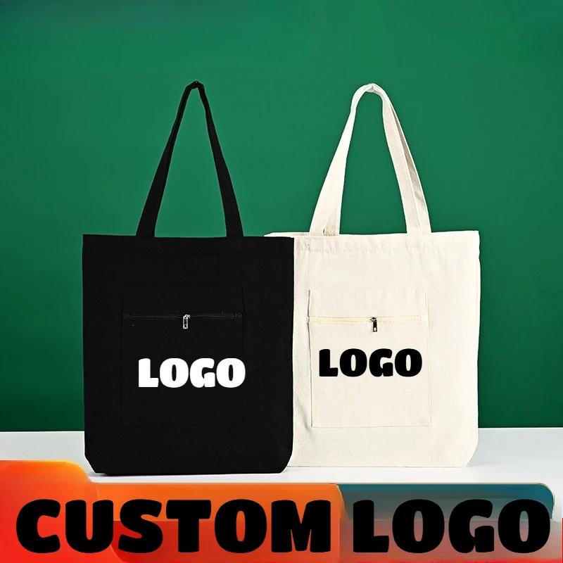 Custom Printed Logo Tote Canvas Bag Blank Single-shoulder Cotton Bag Zipper DIY Large-capacity Shopping Bags Wholesale