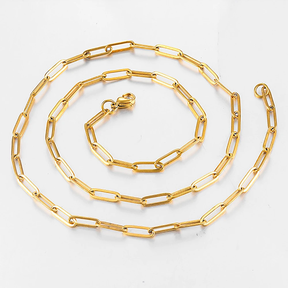 Gold Color Stainless Steel 3mm Paperclip Link Chain Bracelets Neckalce For Women Fashion Party Wedding Jewelry Sets Gifts