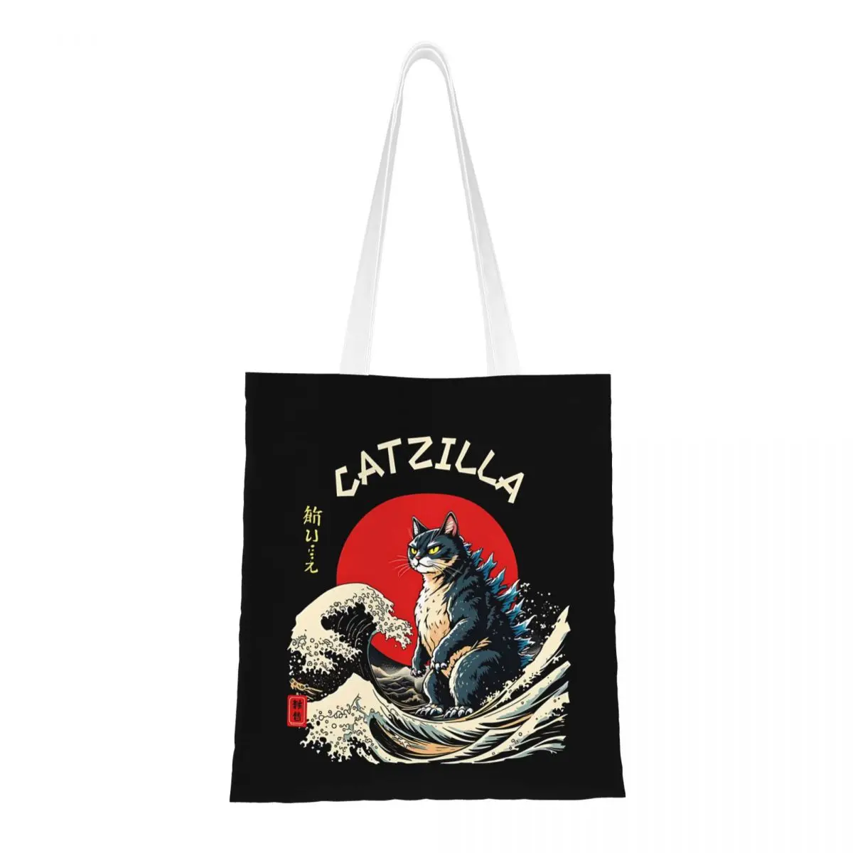 

Funny Catzilla Cat Japanese Art Canvas Tote Bag Reusable Unique Design Trend Bags for Unisex