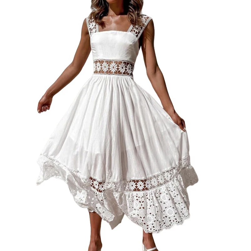 

Fashion Boho Style Summer Women's Big Lower Hem Long Dresses Holiday Casual Lace Sleeveless White Elegant A-line Beach Dress