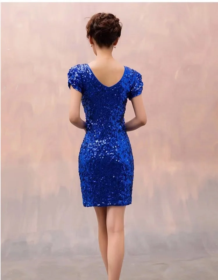 Summer Bling Shiny Sequins Dress Women Sexy V Neck Backless Short Sleeve Slim Bodycon Dress Ladies Sexy Club Party Dresses