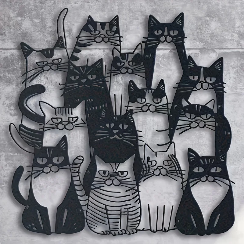 Cat-Shaped Metal Wall Art, Funny Cartoon Animal Sign for Home and Youngsters Room Decor, Christmas Decor