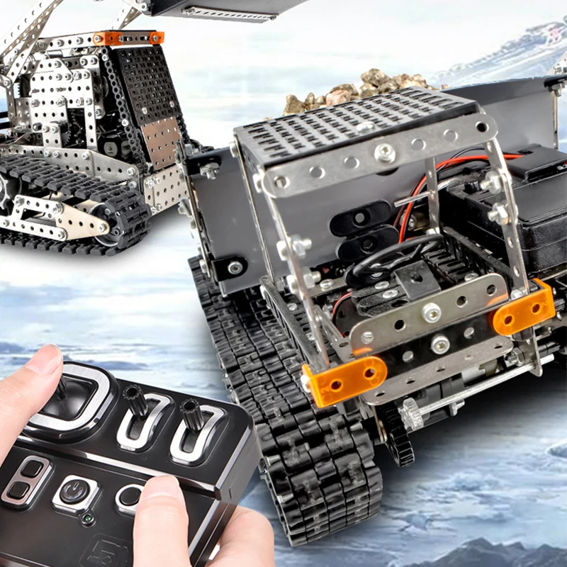 Metal building block dump truck assembling alloy excavator robot with power system remote control toy