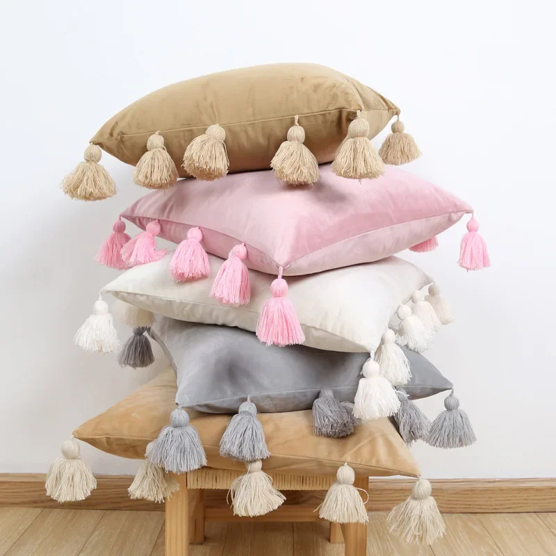 Nordic Solid Velvet Cushion Cover Large Tassel Patchwork Pillow Covers Decorative Minimalist Retro Pillows Decor Home 45x45cm