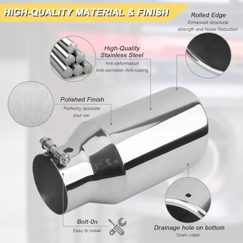 

Stainless Steel Exhaust Tip: 3″ Inlet, 4.5″ Outlet, 9″ Length, Polished Surface, Bolt-On Mounting, Universal Fit For 3″ OD