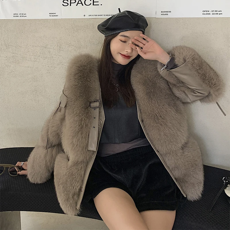 Women's Winter Coats Fox Fur Korean Fashion Locomotive Short Slim Fit V-Neck Leather Buckle Sheepskin Splicing Real Fur Jac