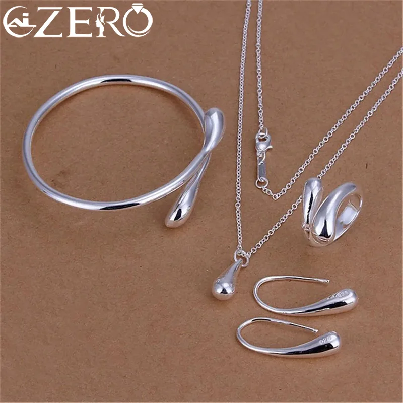 Hot Pretty 925 Sterling Silver Water drop Pendant bangle Bracelet necklace earring ring for women Fashion Party Gift Jewelry set