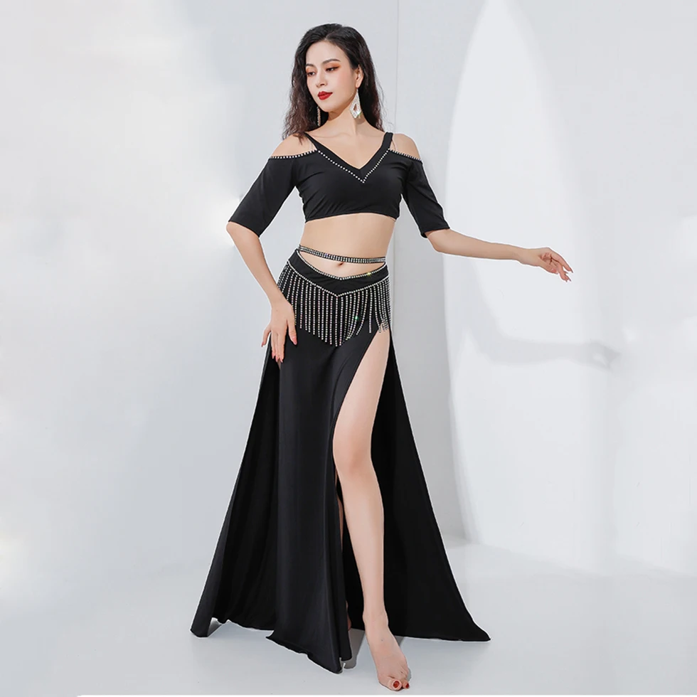 

Elegance Oriental Dance Belly Dance Costume High Waist Skirt Sexy V-neck Practice Suit With Fringes 2 Pieces Set Tassel Belts