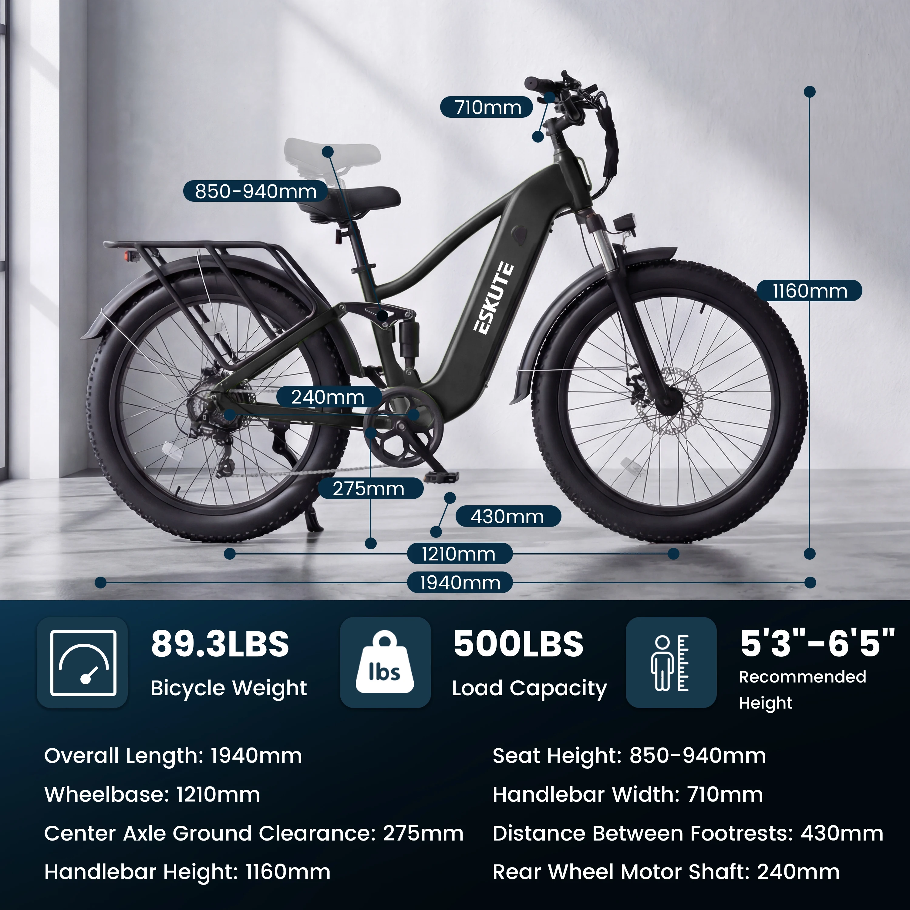 ESKUTE C300R-SO - Full Suspensions -  Electric Bike for Adults ，48V20.8Ah Battery Ebike up to 80 Miles, Peak, 26x4.0 Fat Tire Step-Over Ebike, 8-Speed, UL2849 E-Bike view 8