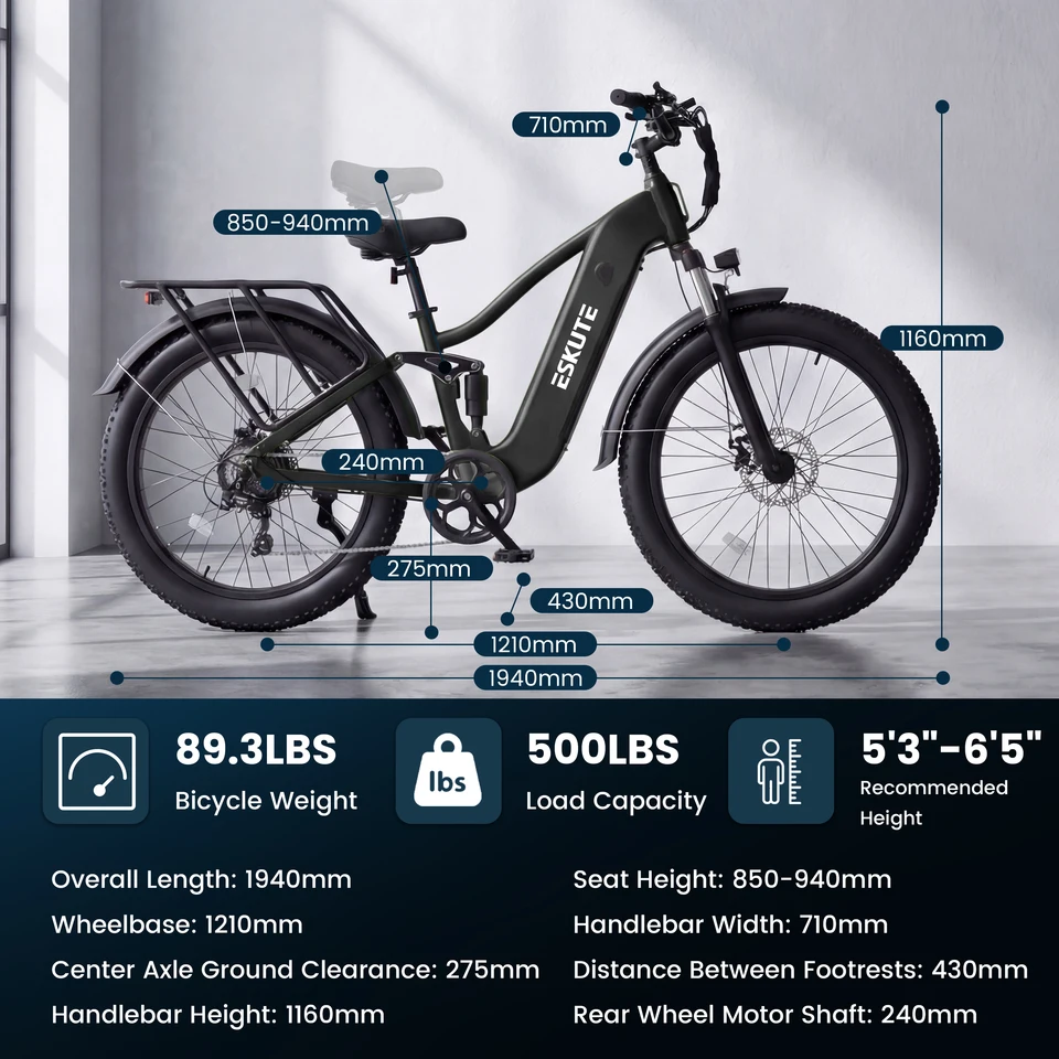 ESKUTE C300R-SO - Full Suspensions -  Electric Bike for Adults ，48V20.8Ah Battery Ebike up to 80 Miles, Peak, 26x4.0 Fat Tire Step-Over Ebike, 8-Speed, UL2849 E-Bike image 12