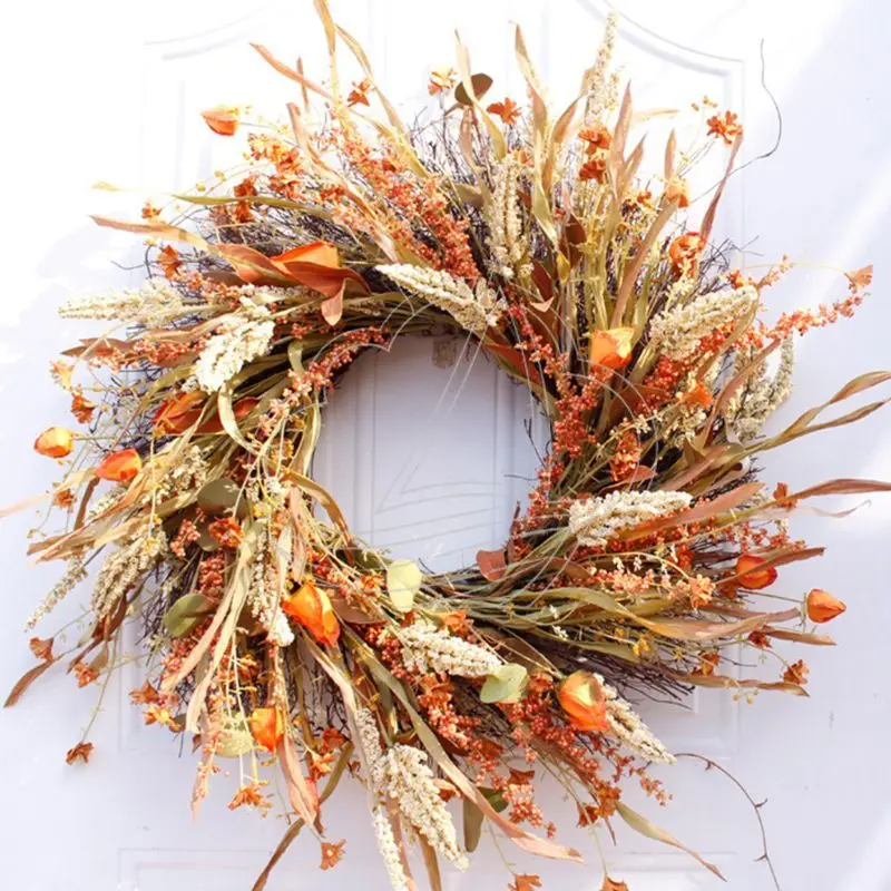 24 Inch Autumn Wheat Ear Wreath Harvest Grain Garland Front Door Home Wedding Decor Fall Circle Ornament