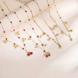 HECHENG Cute Sweet Colorful 18K Golden Plated Zircon Enamel Drip Oil Fruit Pendant Women's Fashion Jewelry Bead Necklace 1 Piece