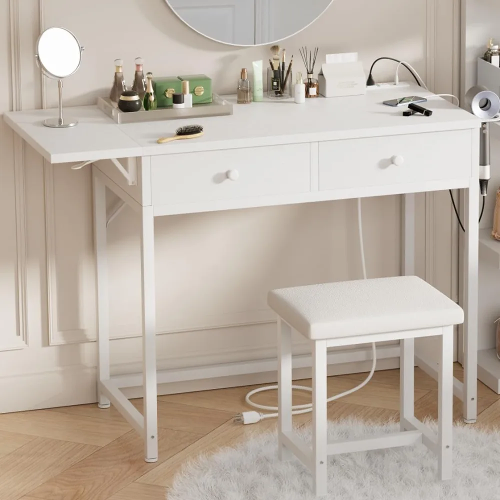 

Small Makeup Vanity Desk No Mirror White Vanitys Table Set with Wood Drawers and Chair Stool, Outlets & Foldable Countertop