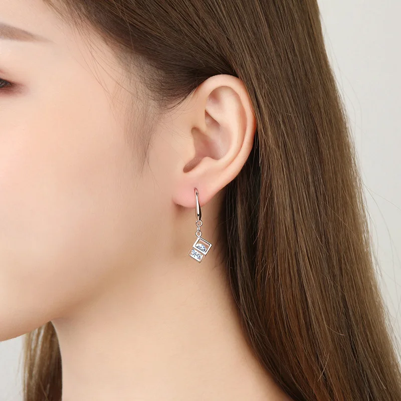 925 Sterling Silver Women\'s High Quality Jewelry Crystal Zircon Hollow Square Box Drop Earrings New Fashion XY0064