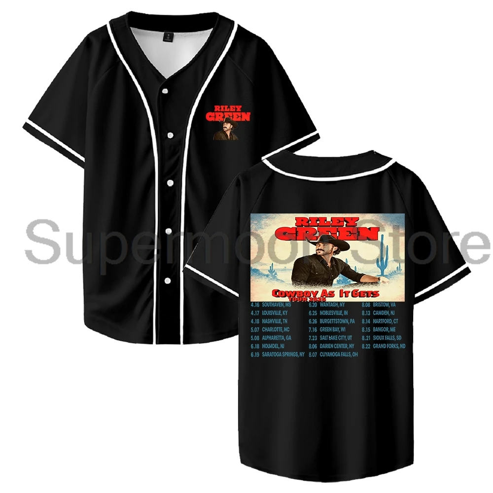 Riley Green Cowboy As It Gets Tour 2026 Baseball Jersey V-Neck Short Sleeve Button-Down Shirts Women Men Streetwear Tops